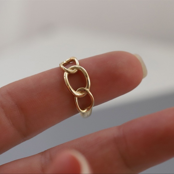 14K Solid White Gold Thin Chain Ring - Picture 3 of 8